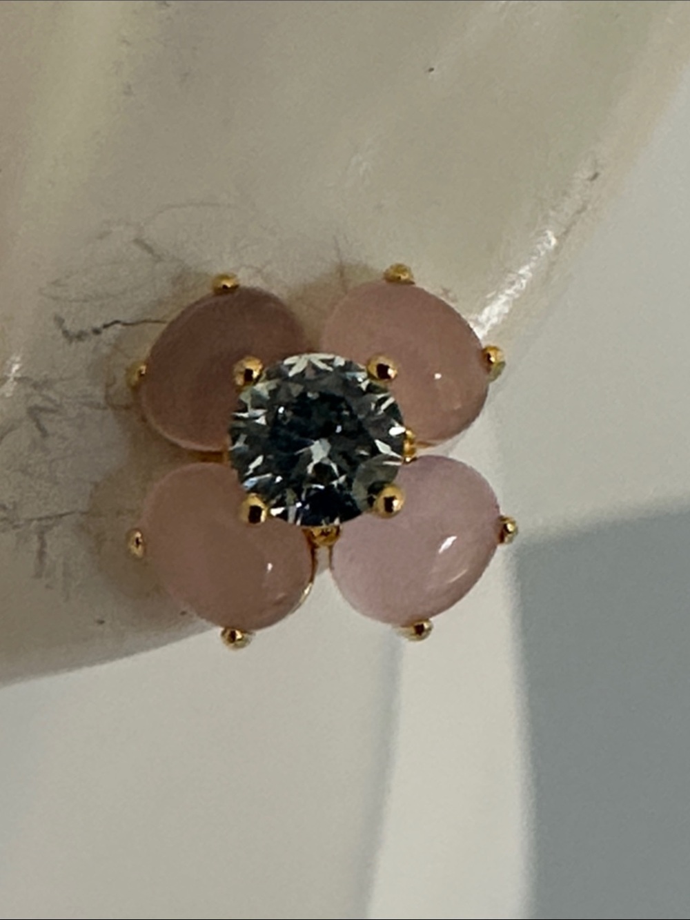 Gold Floral aguamarine Stone Stud Earrings with Clear Center